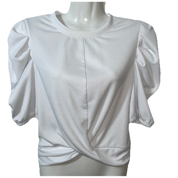 Melrose and‎ Market Womens Top S White Rib Puff Sleeve Twist Hem Angelic Dainty - Picture 1 of 7